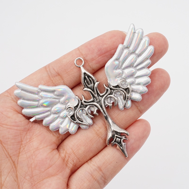 Body Jewelry Y2K - 1個 Y2K レインボーホワイトエンジェルウィングクロスペンダント レトロシルバーアロイ ウィングドソードペンダント ネックレス