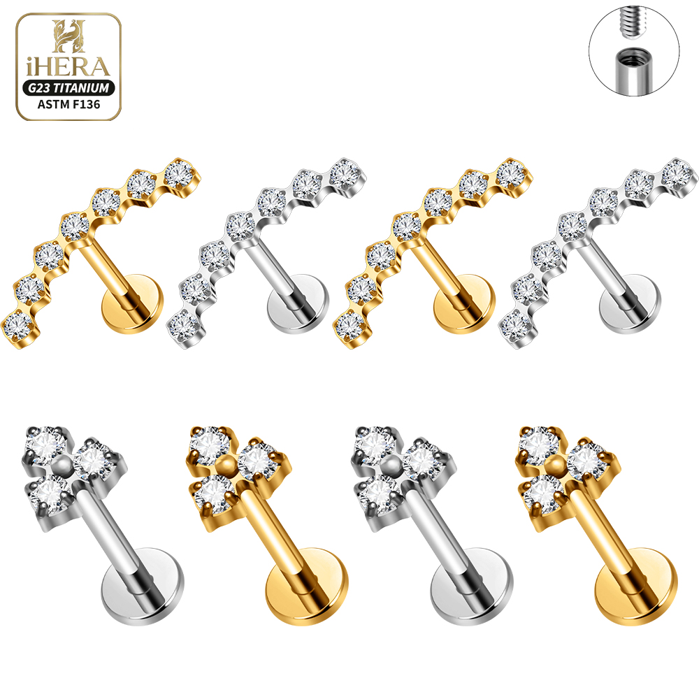 Cluster Stud Ear - ASTM F136規格チタン製カーブドクラスターラブレットスタッドリップフィルトゥム軟骨ヘリックス耳ピアス 内部ネジ式 キラキラ輝く