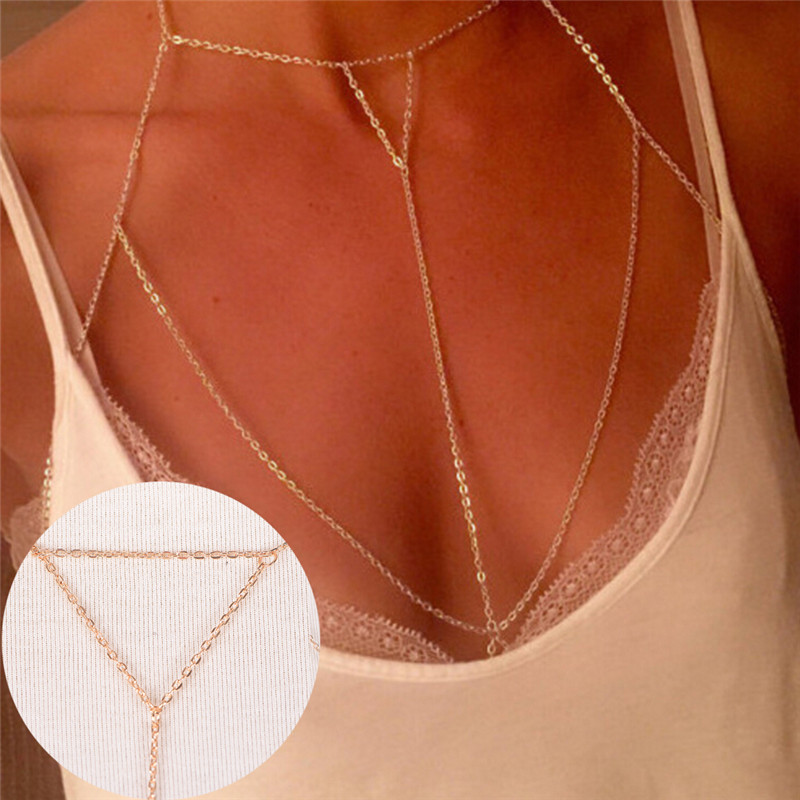 Body Jewelry Harness - マルチレイヤーハーネスvネックレス,女性用チェーンジュエリー,シルバーとゴールドのリンク,セクシーなビーチとビキニ