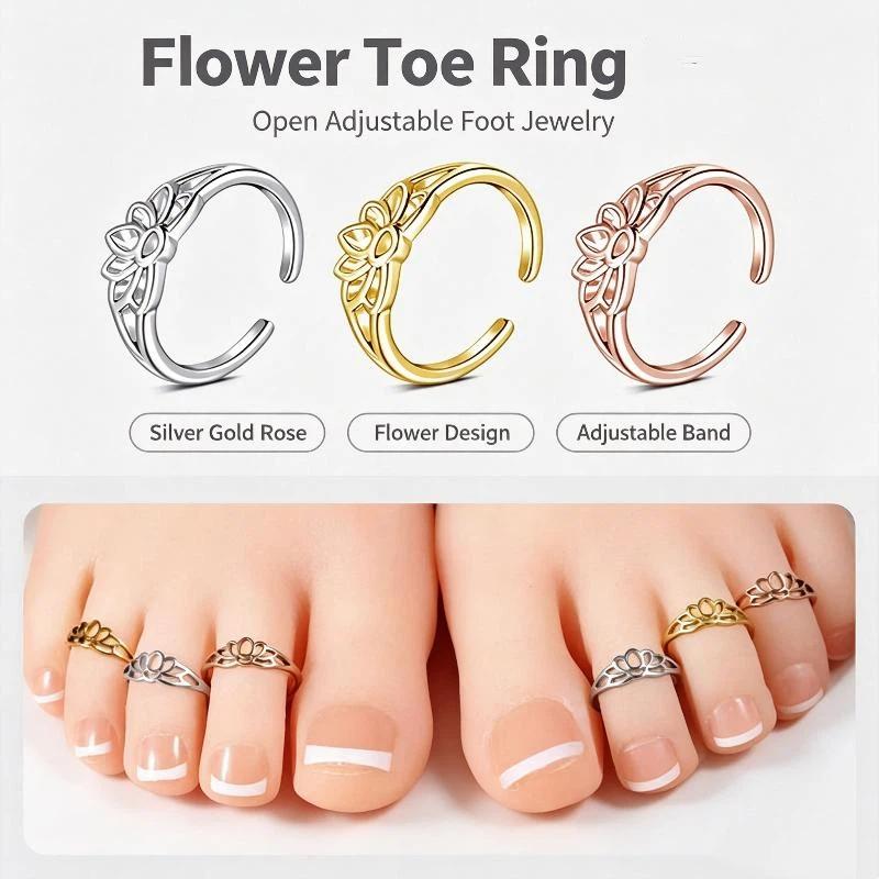 Body Jewelry Rings - 調整可能な弓型中空蓮の花デザインのトゥリング、防水ステンレススチール製、夏のビーチや普段使いに最適な女性用フットリング
