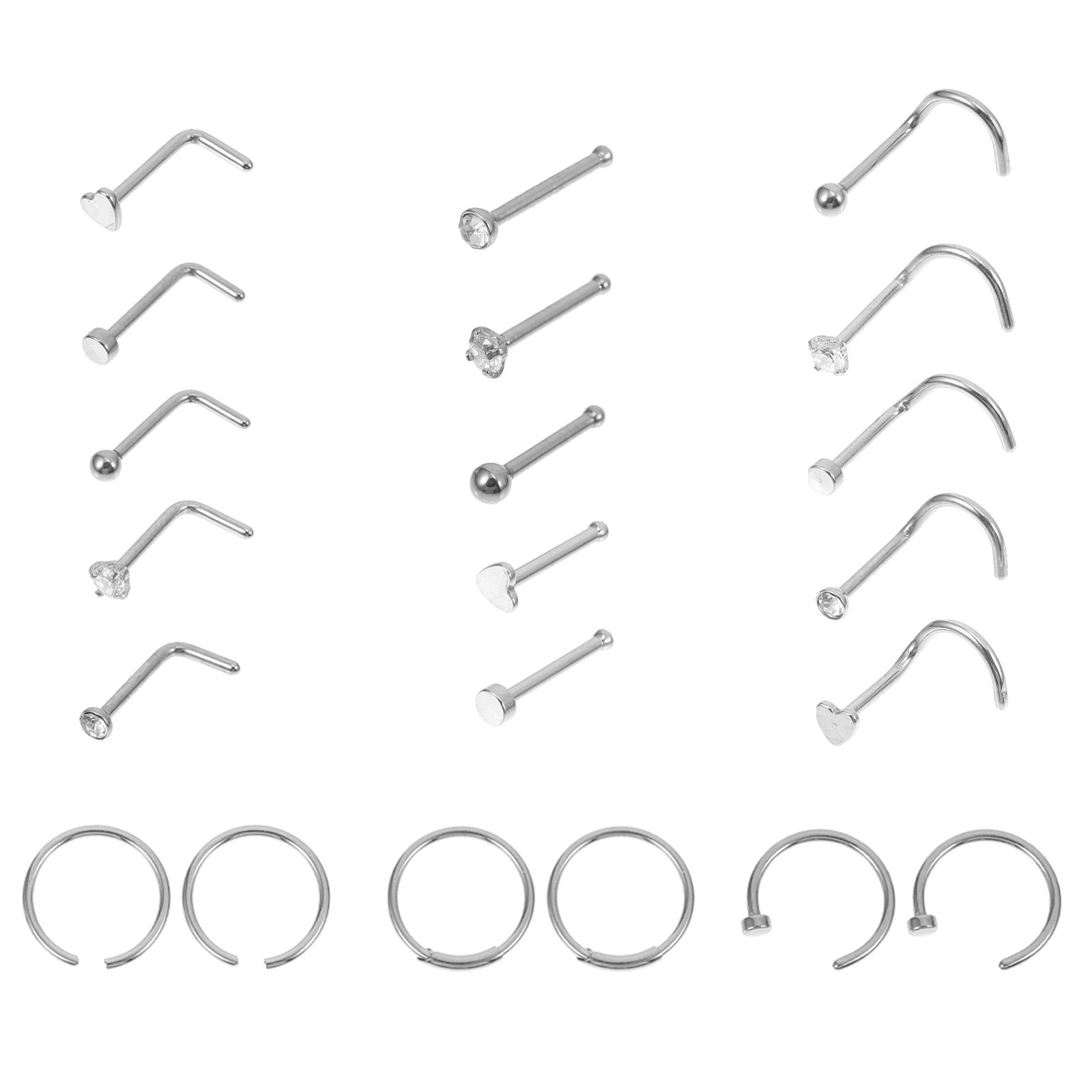 Body Jewelry For Sensitive Skin - 21個入り ステンレス製 ノーズリング セット。洗練されたミニマルなデザインで、敏感肌にも安心して使える。シルバー。