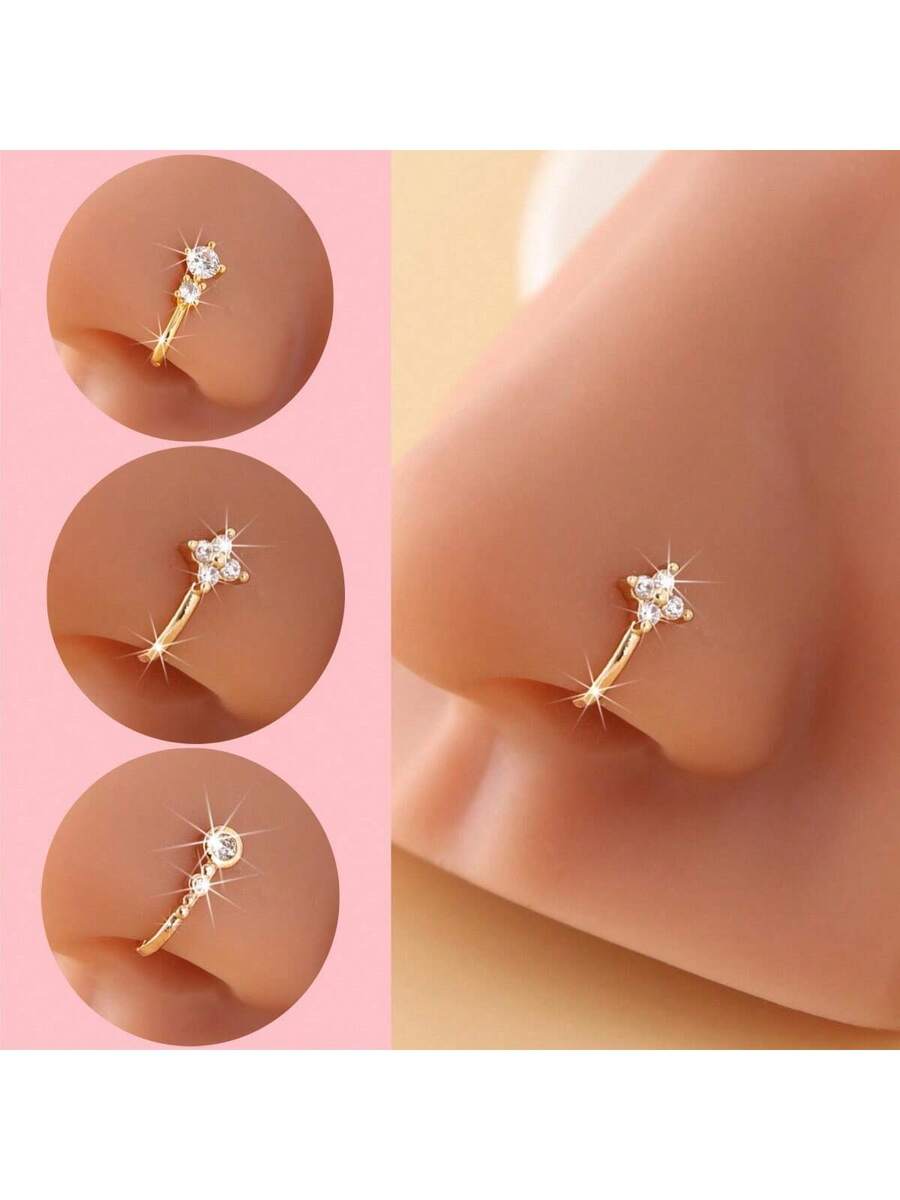 Body Jewelry Nose Ring - きらめくラインストーンがあしらわれた、ゴールド調のクリップ式ノーズリング3個セット。サイズ調整可能で、ピアスホールがなくても着用できる、ヒップホップスタイルに合うおしゃれなアクセサリー。