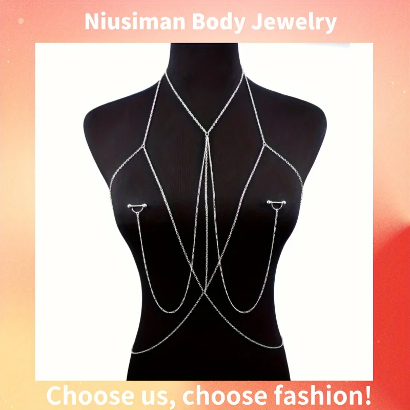 Body Jewelry Rings - エレガント&セクシーなボディチェーン1個、14Gバーベルニップルリング付き - 女性用の調節可能なチェストジュエリー、パーティーに最適
