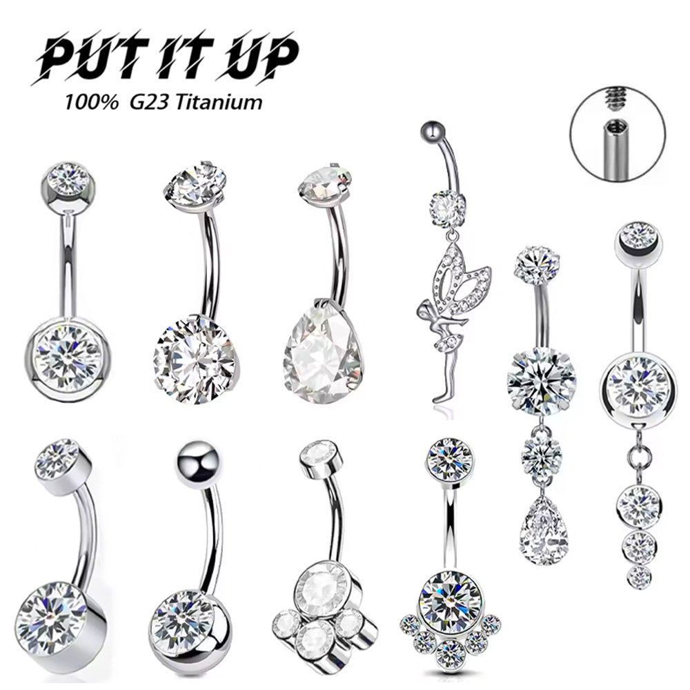 Body Jewelry For Sensitive Skin - ASTM F136規格チタン製14Gヒンジ付きクリッカーネーブルバーベル、5A CZ象嵌、低アレルギー性ベリーリング、敏感肌用ピアスジュエリー