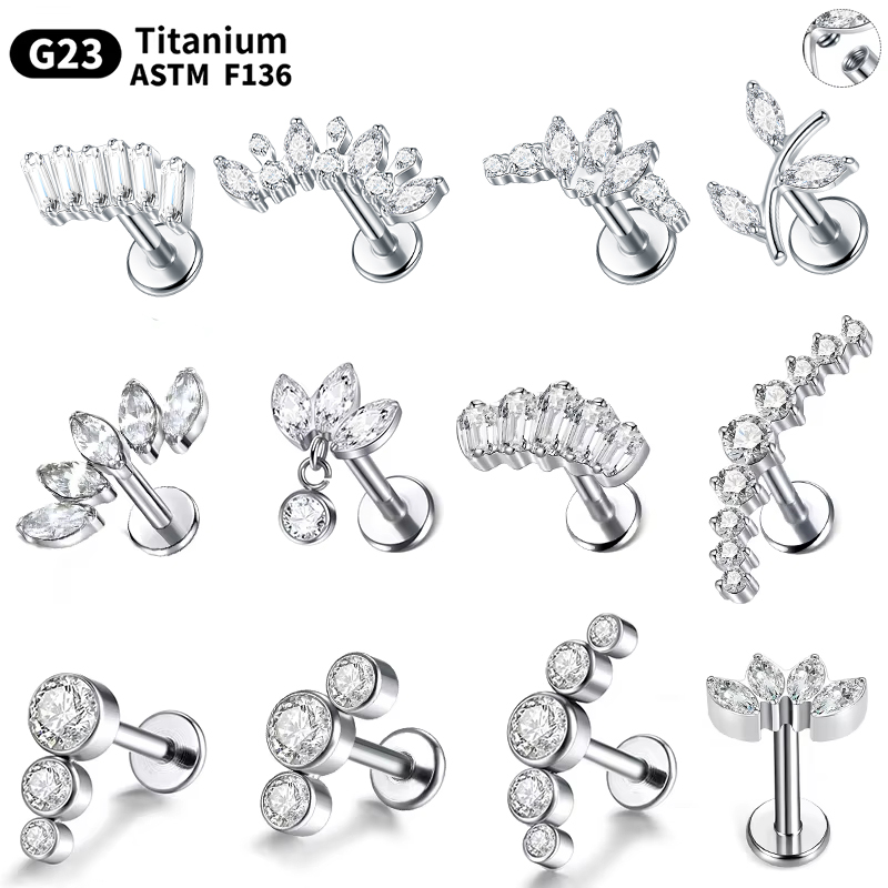 Cluster Stud Ear - G23-チタン耳珠ピアス,軟骨クラスター,めねじ付きフラットバックヘリックススタッド,ピアスジュエリー,1 5個