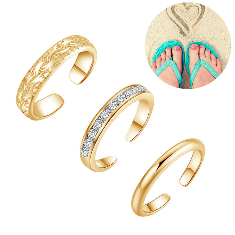 Body Jewelry Rings - トリオセット レディース トゥリング、18K金メッキ、サイズ調整可能、フラワーデザイン ビーチジュエリー用