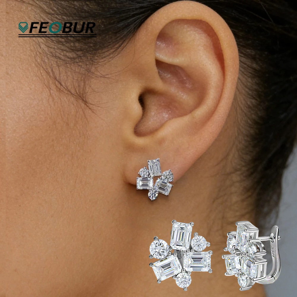 Cluster Stud Ear - 8.2cttw バゲットとラウンドモアッサナイトスタッドピアス 女性用 925 スターリングシルバー クラスターイヤーバックル