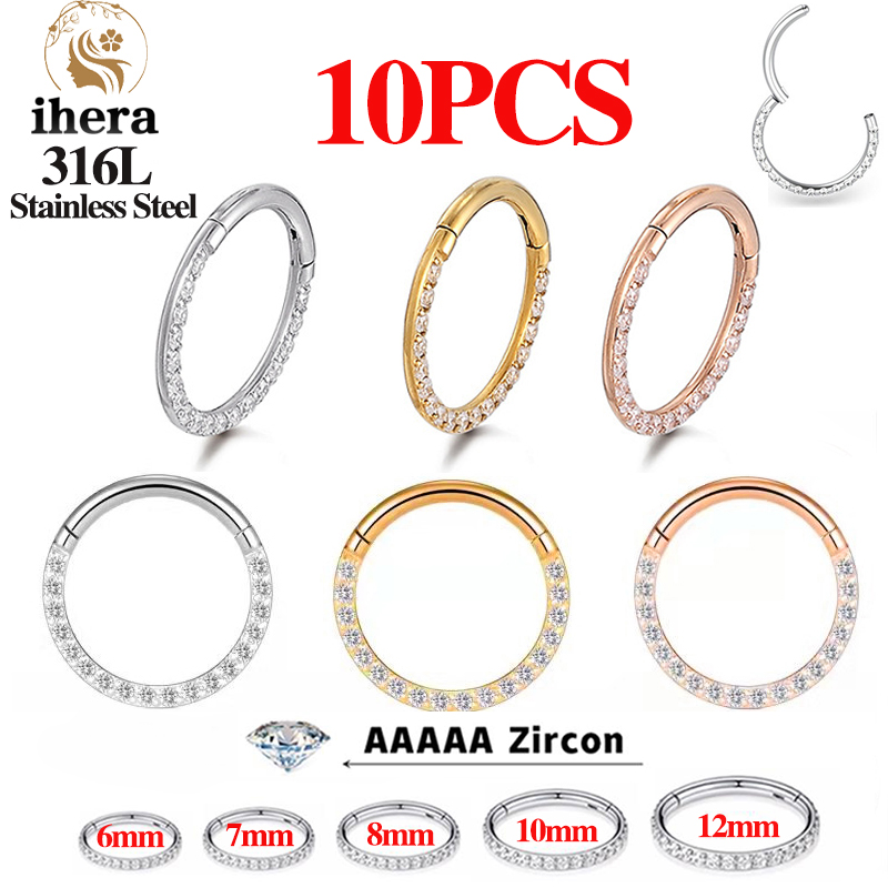 Body Jewelry Nose Ring - 1/10個入り ステンレス製ノーズリング セプタムクリッカー CZジルコン ヒンジ付きセグメント ラウンドイヤリング