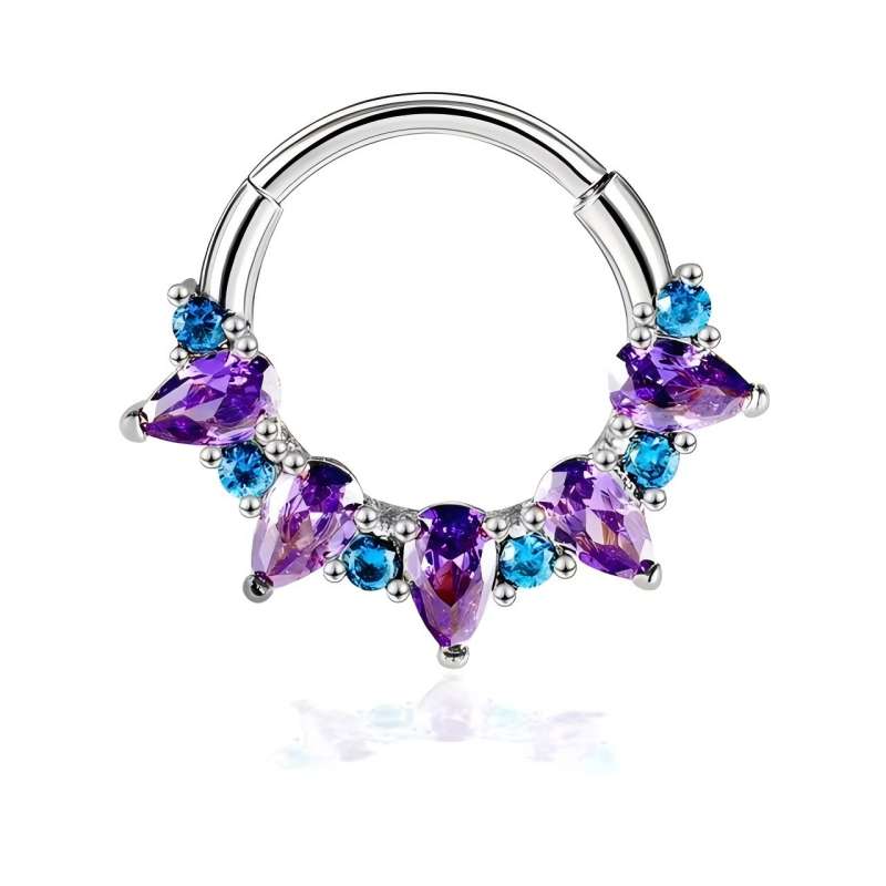 Body Jewelry Nose Ring - キュービックジルコニア製、紫色のノーズリング。ゴシック風、ステンレススチール製、ヒンジ付き、セプタムピアス、セクシーなボディジュエリー。