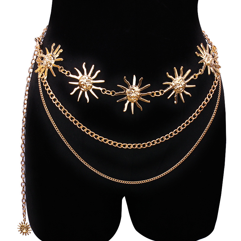 Body Jewelry Chains - チャンキーな多層パンクゴシックムーンサンウエストチェーンメタルウエストベルト、女性用ドレスジュエリーボディチェーンジュエリー