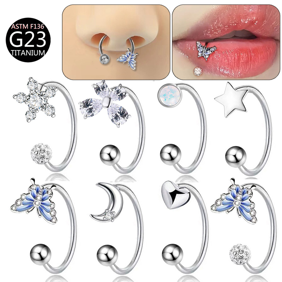 Body Jewelry Nose Ring - ASTM F136チタン製、蝶の形をしたリップリング、CZ（キュービックジルコニア）の花と月のモチーフ、馬蹄形のピアス、繊細な星のデザインのヘリックスノーズリング。女性向け、パーティーや普段使いに。