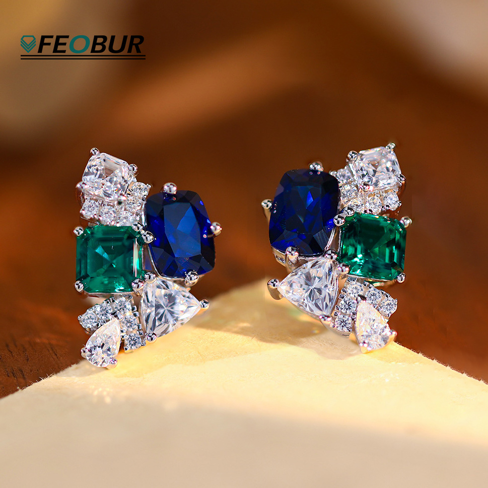 3.2cttw ラボサファイアエメラルド高炭素ダイヤモンドイ - Cluster Stud Ear のレビューと価格