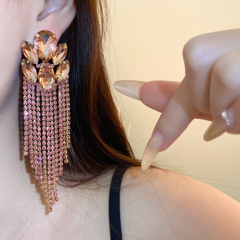 大ぶりのラインストーンタッセルイヤリング、カラフルなロングタ - Cluster Stud Ear のレビューと価格