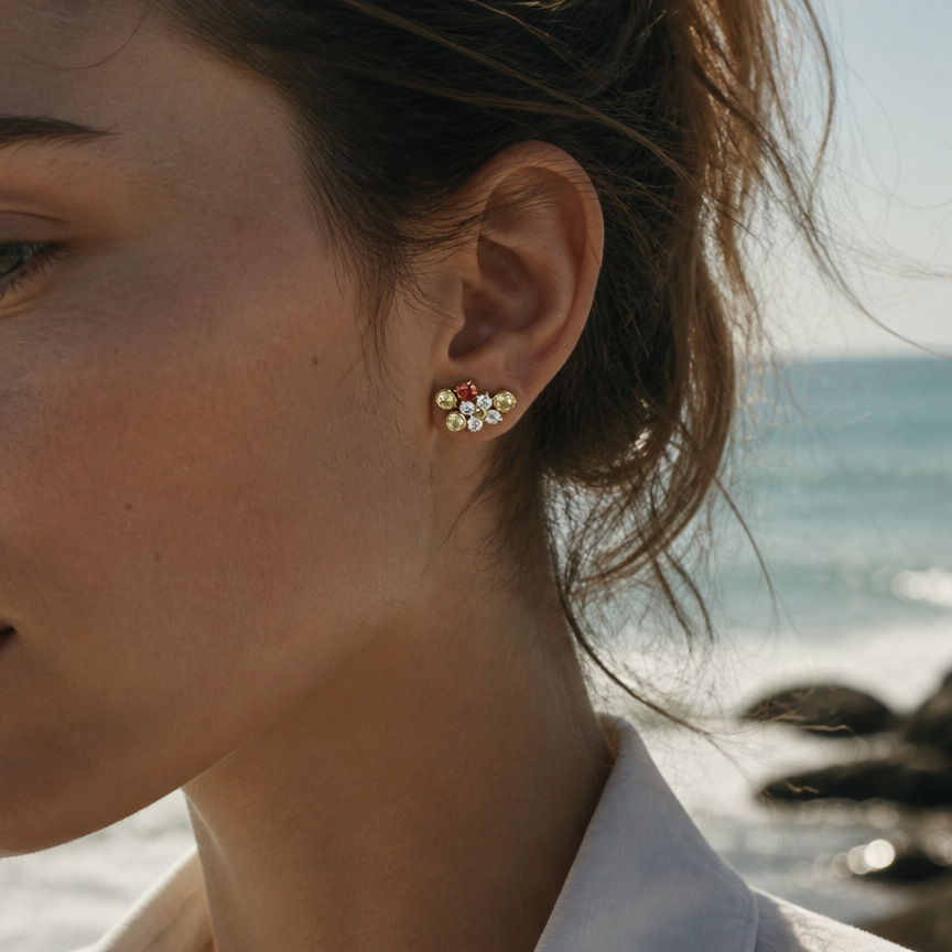 ステンレススチール製ジルコンスタッドピアス 女性用 18Kゴ - Cluster Stud Ear のレビューと価格