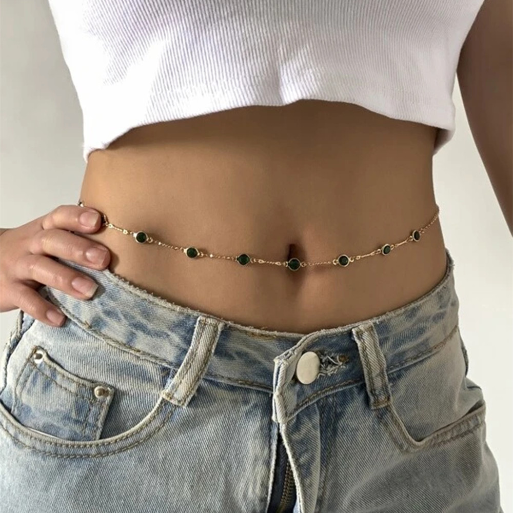 女性のための腹の形をしたチェーン,薄い緑の石のチェーンが付い - Body Jewelry Y2K のレビューと価格